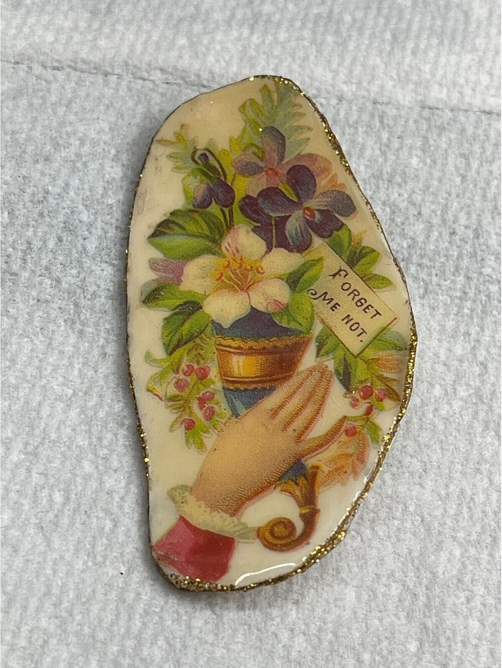 #35 Antique Decoupage Brooch Floral Vase “Forget Me Not “